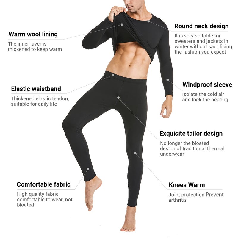 PISIQI Thermal Underwear Men Ultra-Soft Long Johns Set with Fleece Lined Base Layer Winter Skiing Warm Top & Bottom Black - Image 3